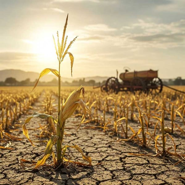 Challenges faced by Mexican agriculture, using a metaphor of a wilting plant in need of water.